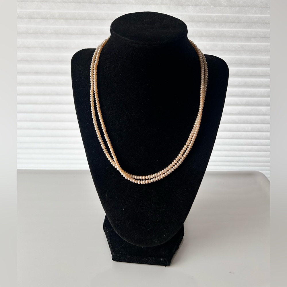 Double Strand Soft Peach Colored Pearl Necklace w/ Magnetic Clasp Timeless Style